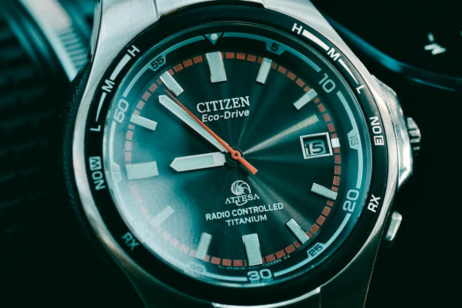 Detailed view of a Citizen Eco-Drive watch with radio-controlled titanium features.